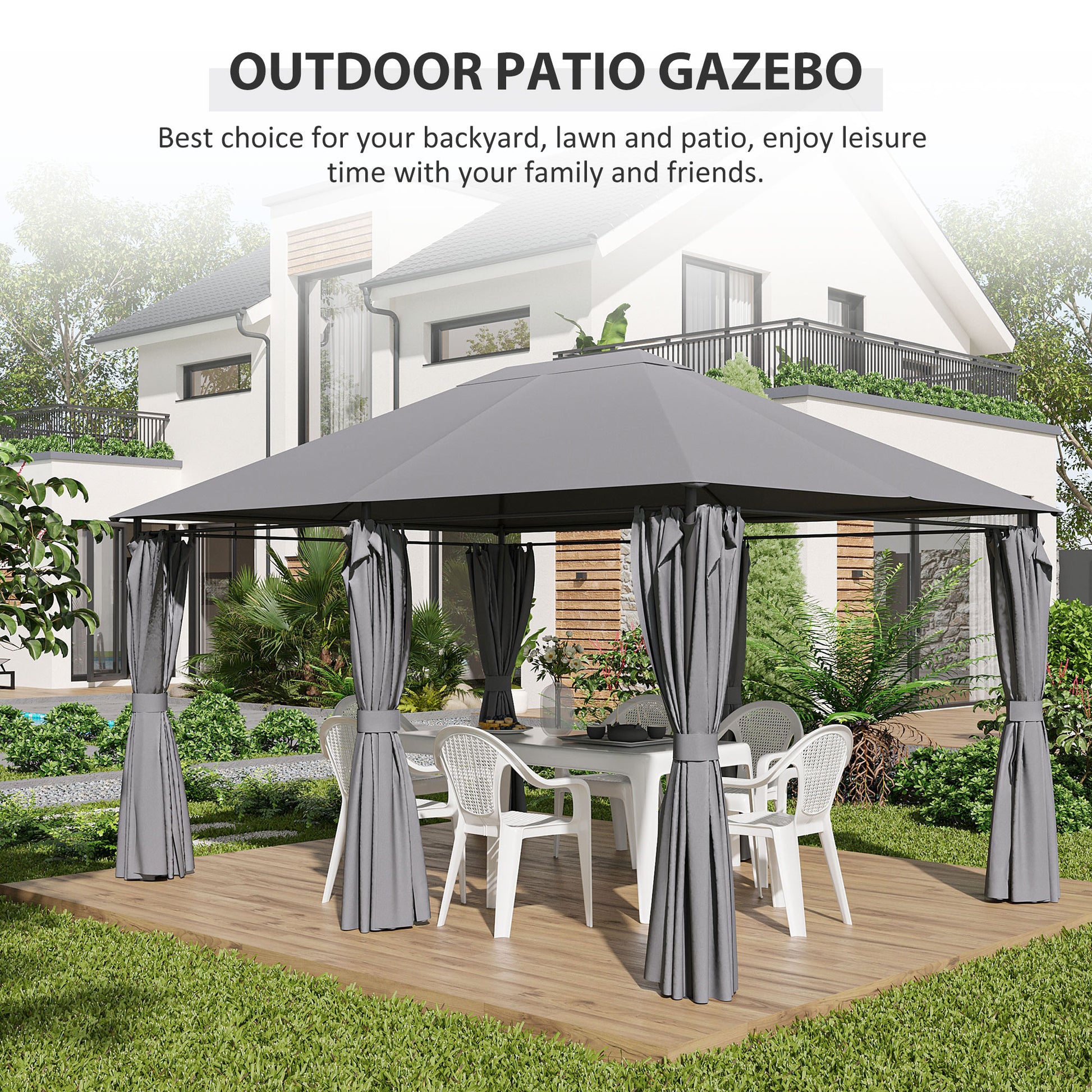 13' x 10' Steel Patio Gazebo Tent with 6 Curtains, Grey-DECOROLALA