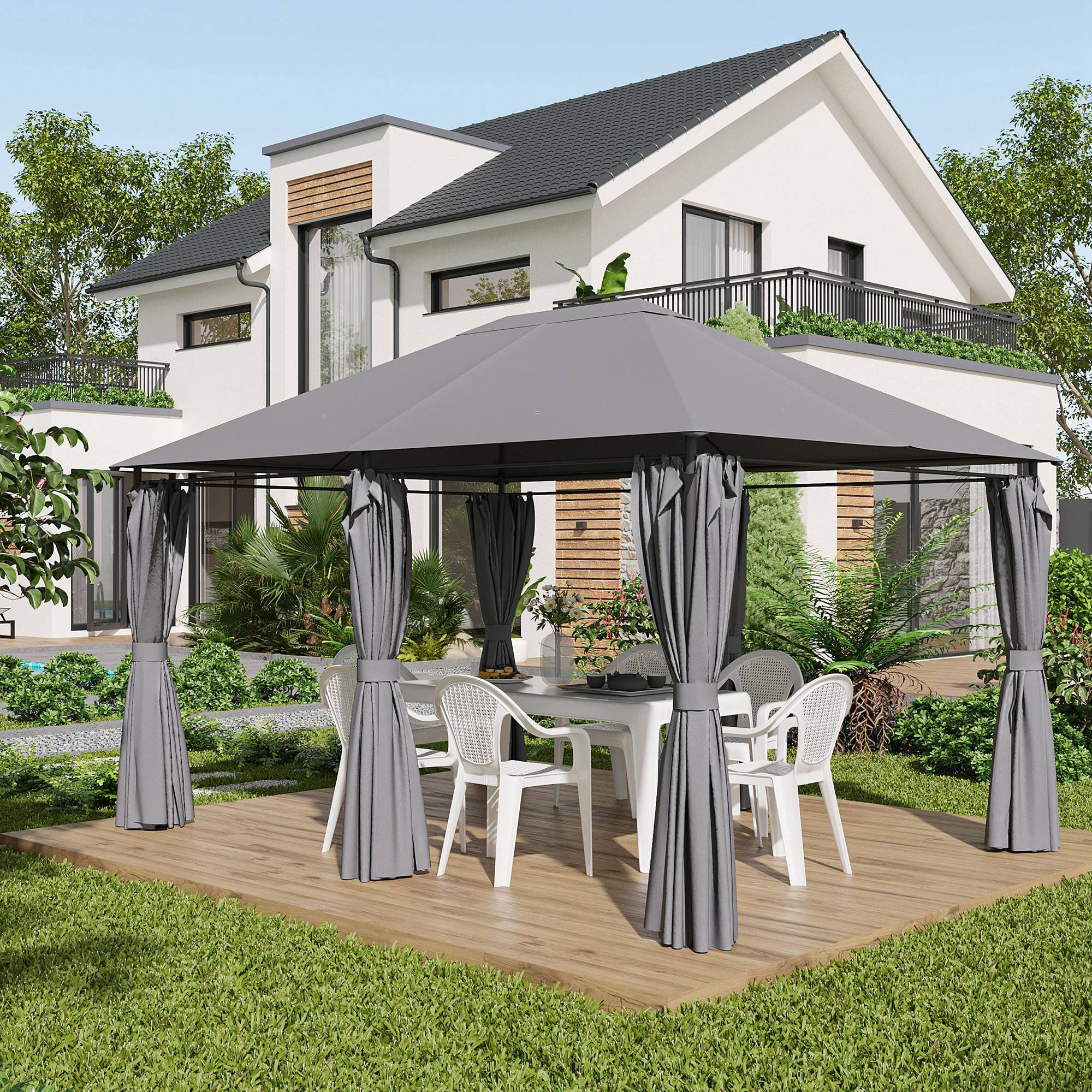 13' x 10' Steel Patio Gazebo Tent with 6 Curtains, Grey-DECOROLALA
