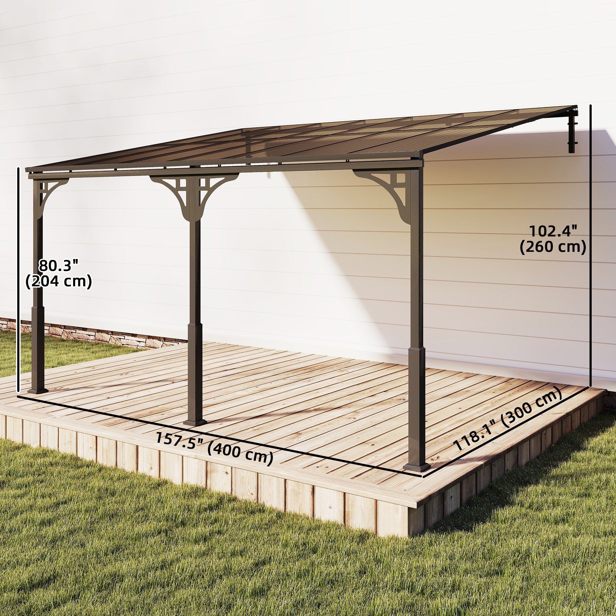13' x 10' Wall Mounted Gazebo - Metal Lean-to Pergola Brown-DECOROLALA