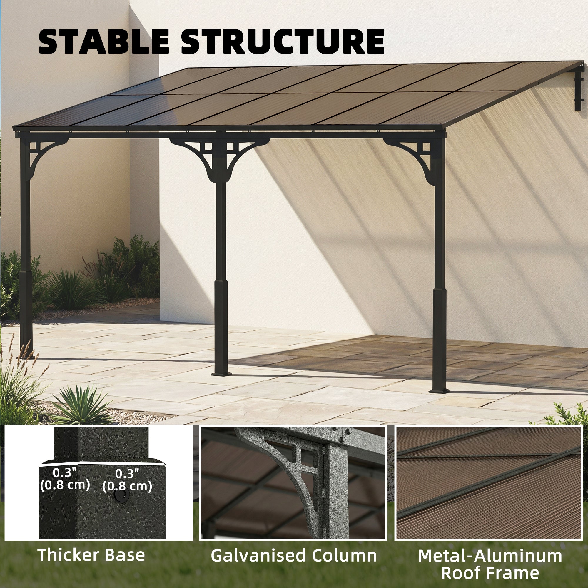 13' x 10' Wall Mounted Gazebo - Metal Lean-to Pergola Brown-DECOROLALA