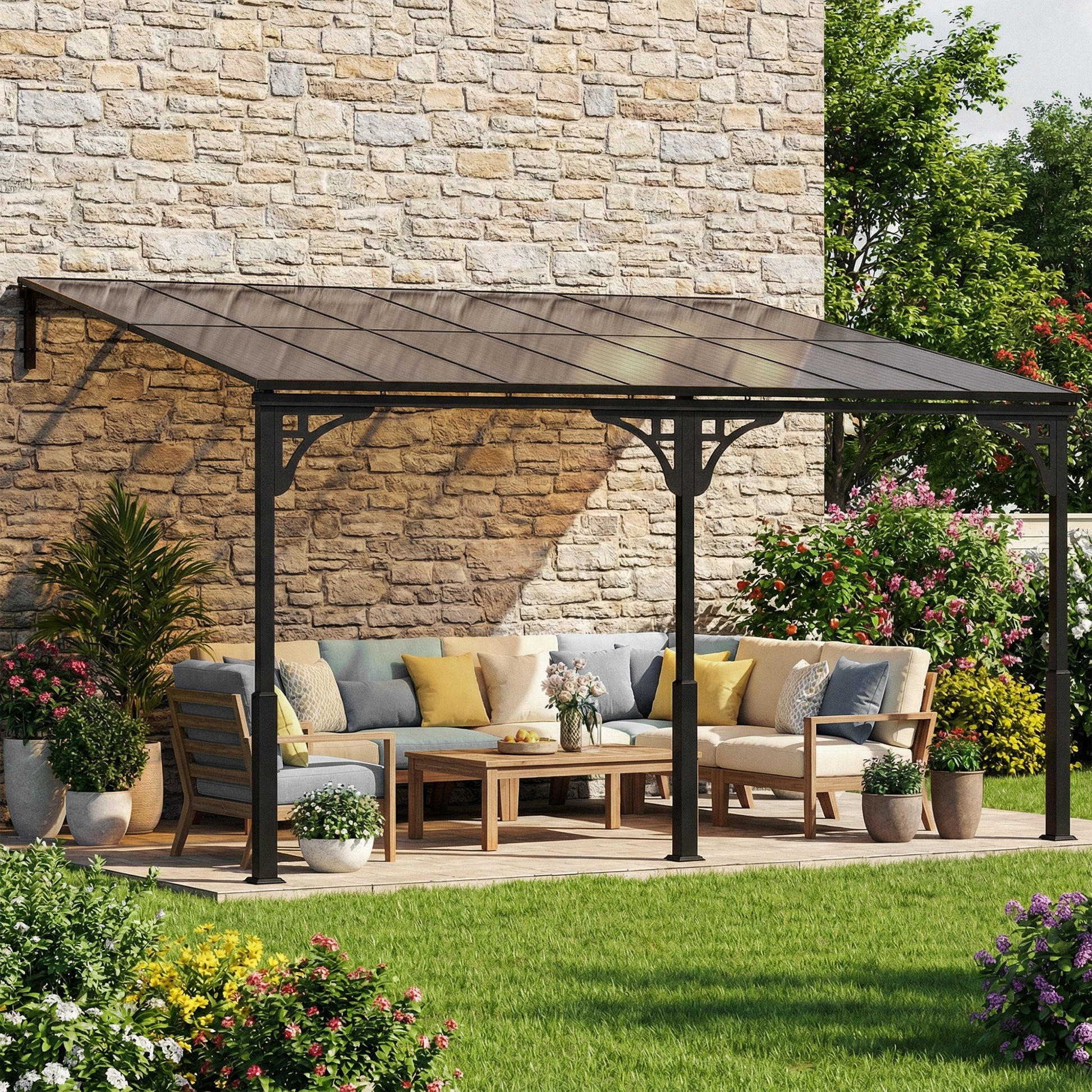 13' x 10' Wall Mounted Gazebo - Metal Lean-to Pergola Brown-DECOROLALA