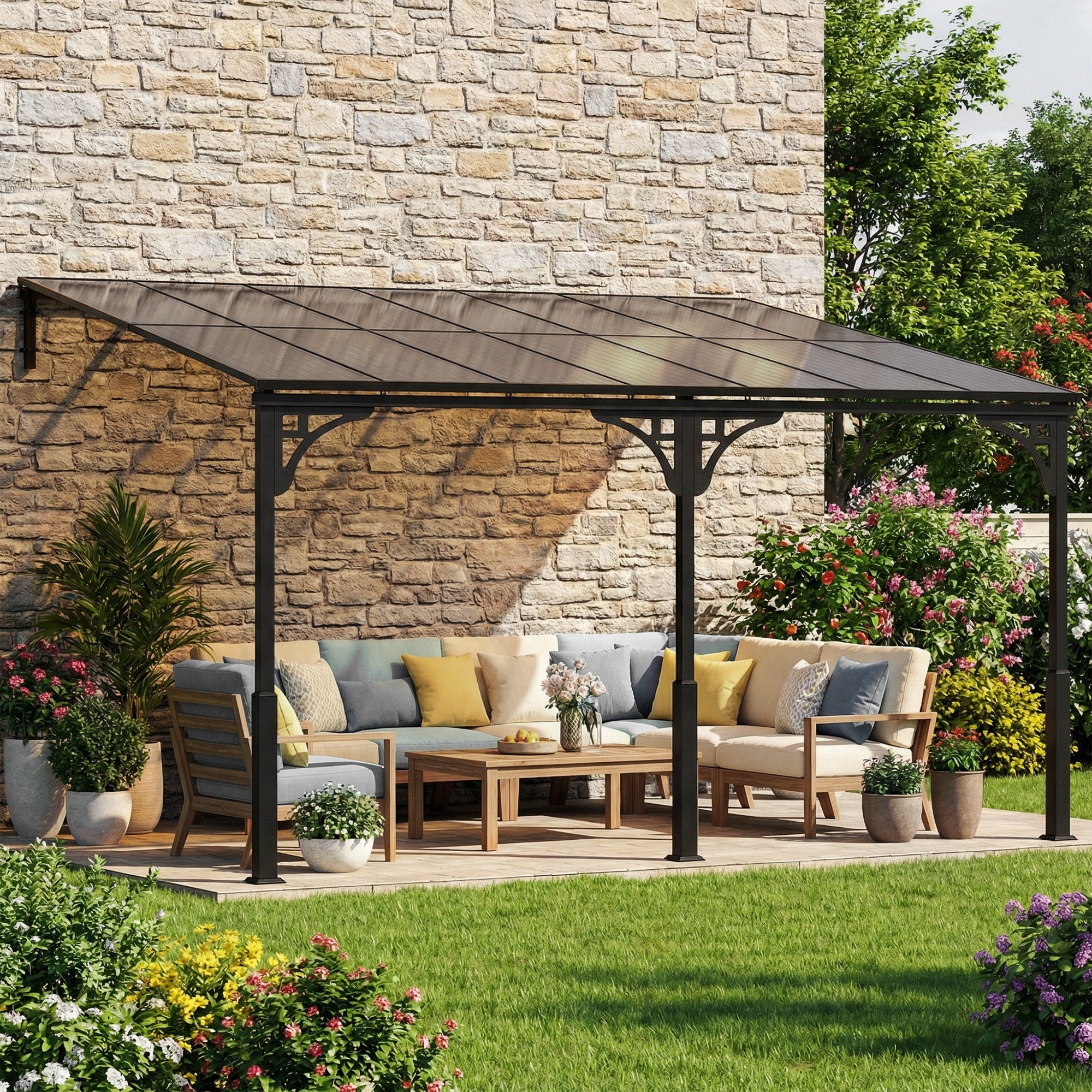 13' x 10' Wall Mounted Gazebo - Metal Lean-to Pergola Brown-DECOROLALA