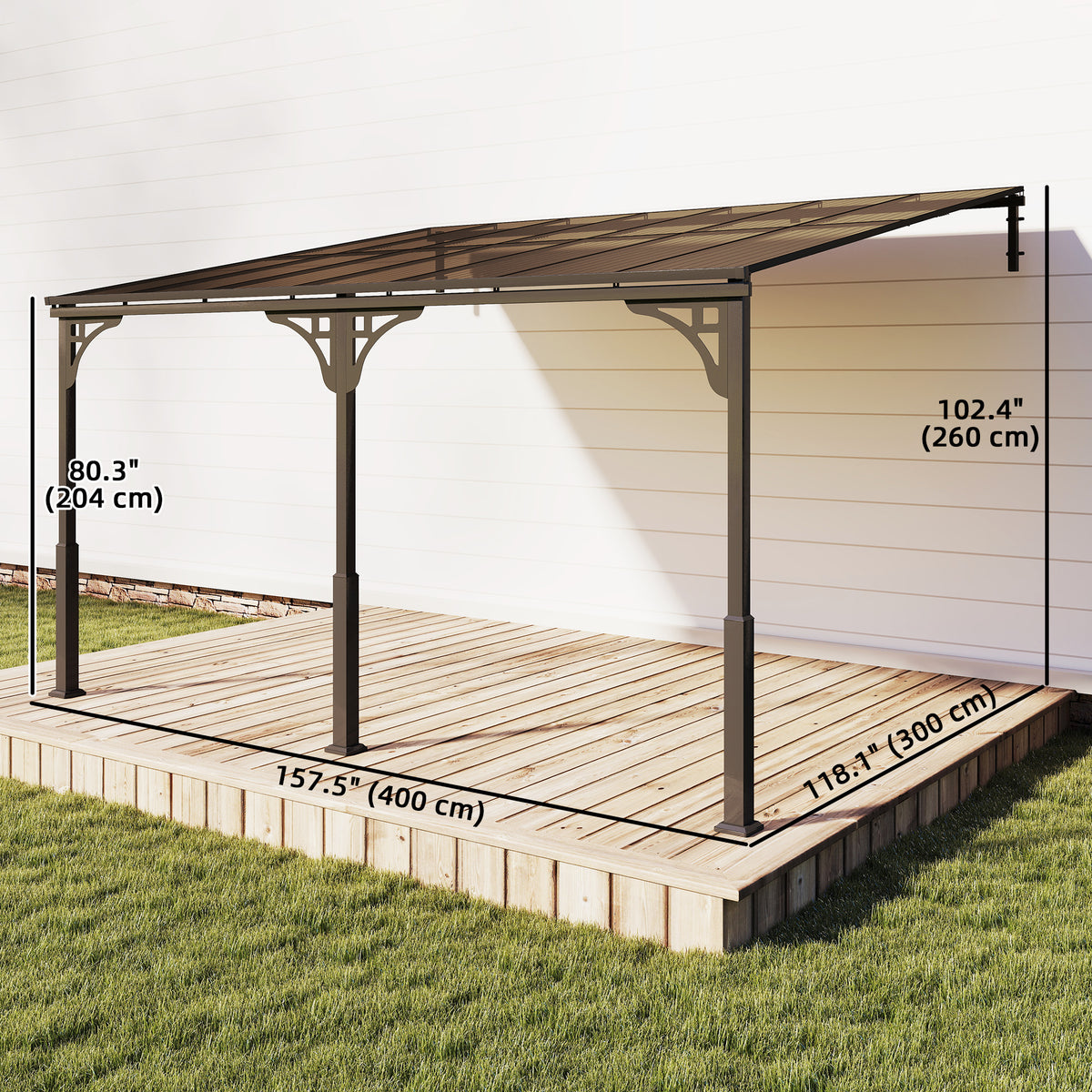 13' x 10' Wall Mounted Gazebo - Metal Lean-to Pergola Brown-Pergolas-DECOROLALA