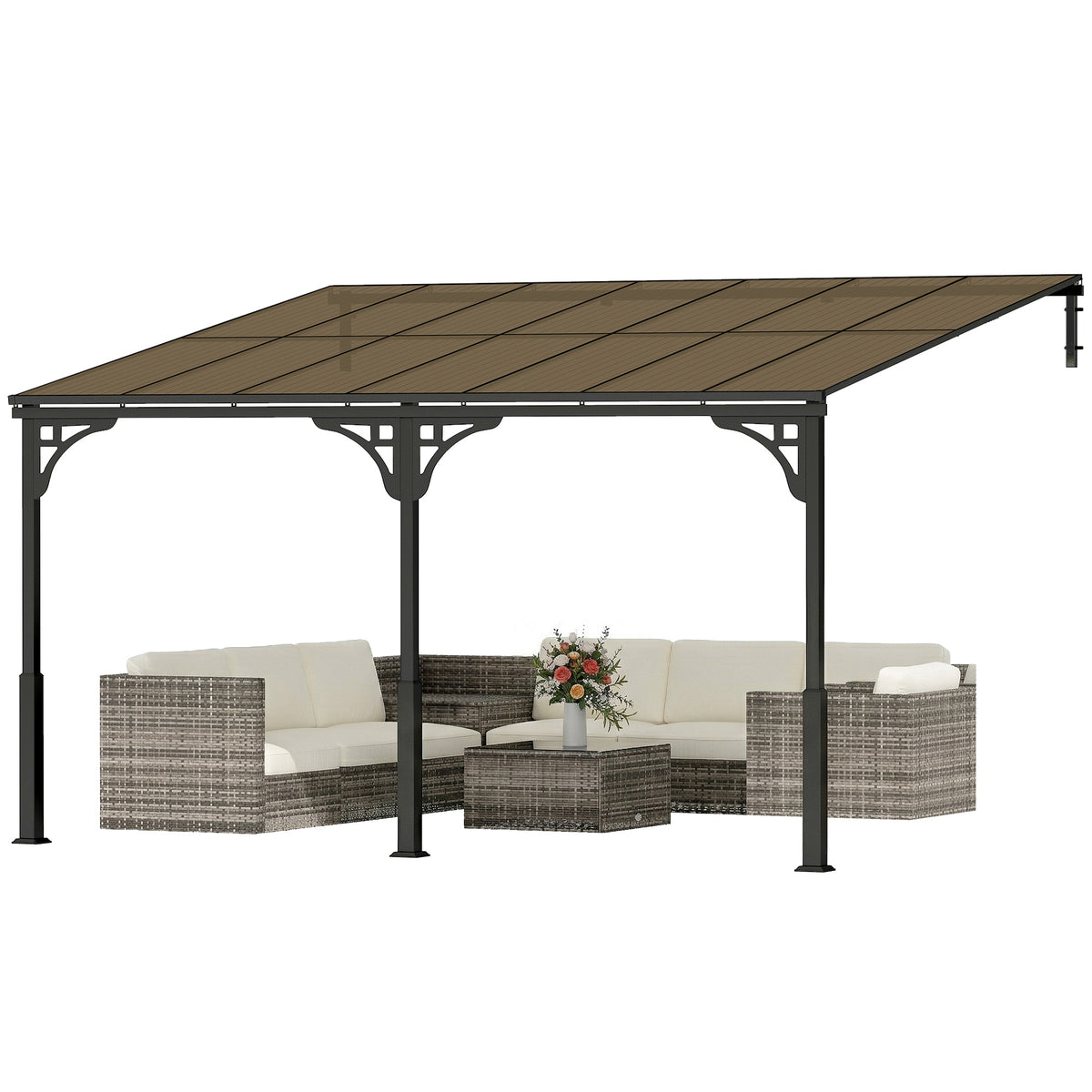13' x 10' Wall Mounted Gazebo - Metal Lean-to Pergola Brown-Pergolas-DECOROLALA