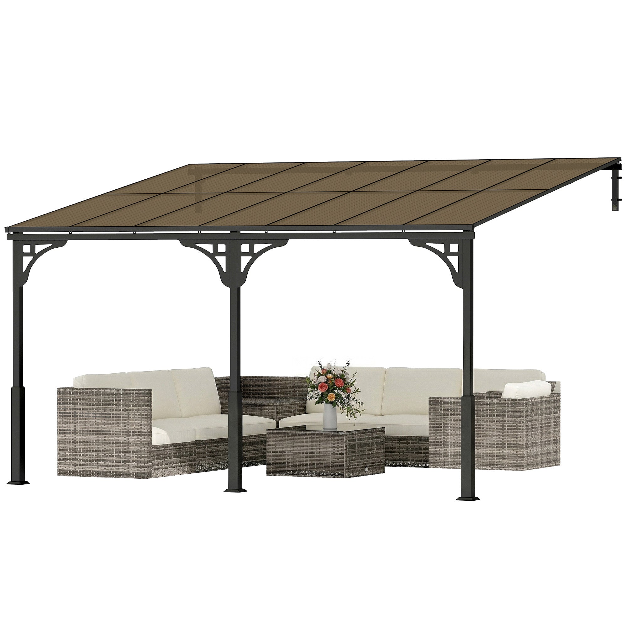 13' x 10' Wall Mounted Gazebo - Metal Lean-to Pergola Brown-DECOROLALA