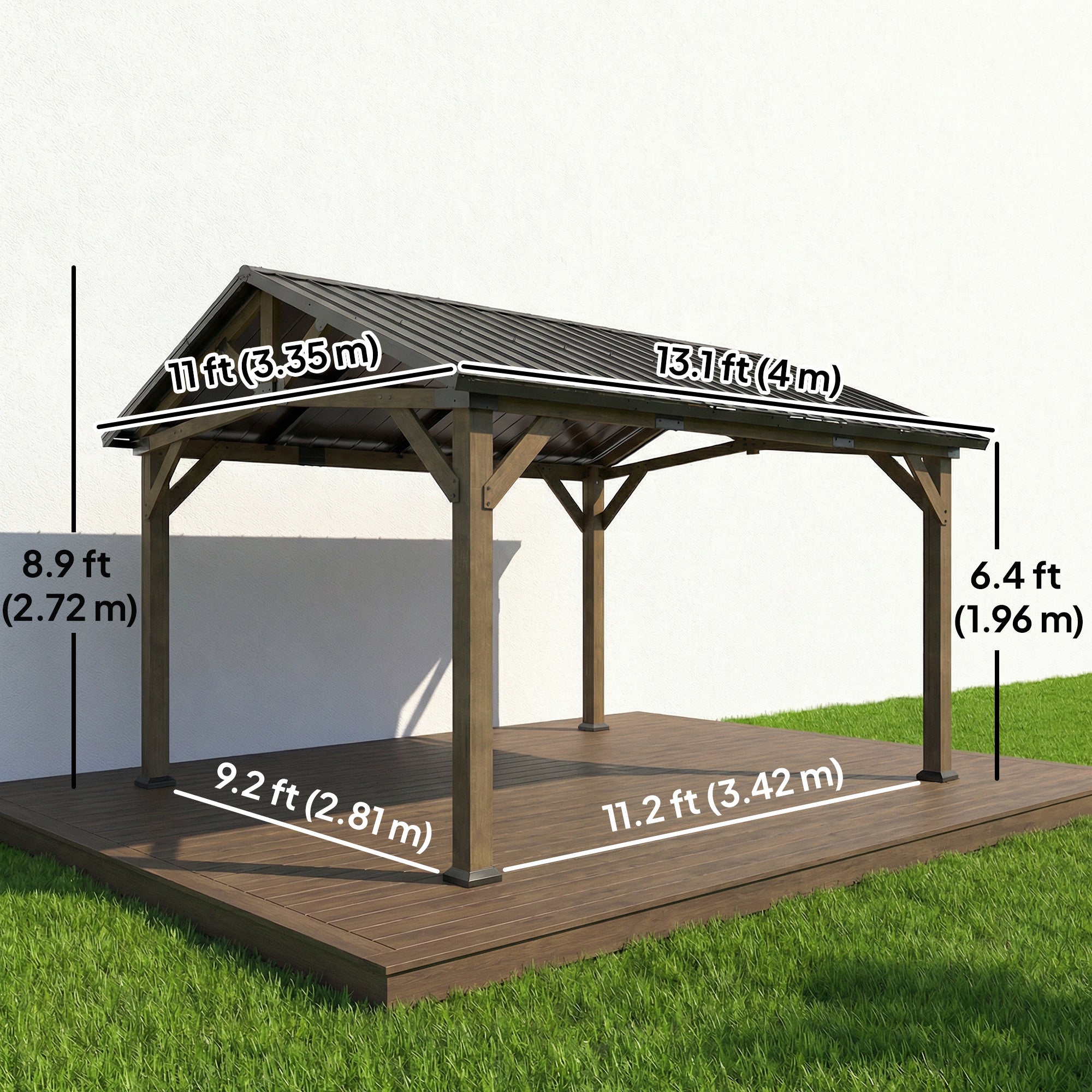 13' x 11' Hardtop Gazebo - Fir Wood Frame Black Grey-DECOROLALA