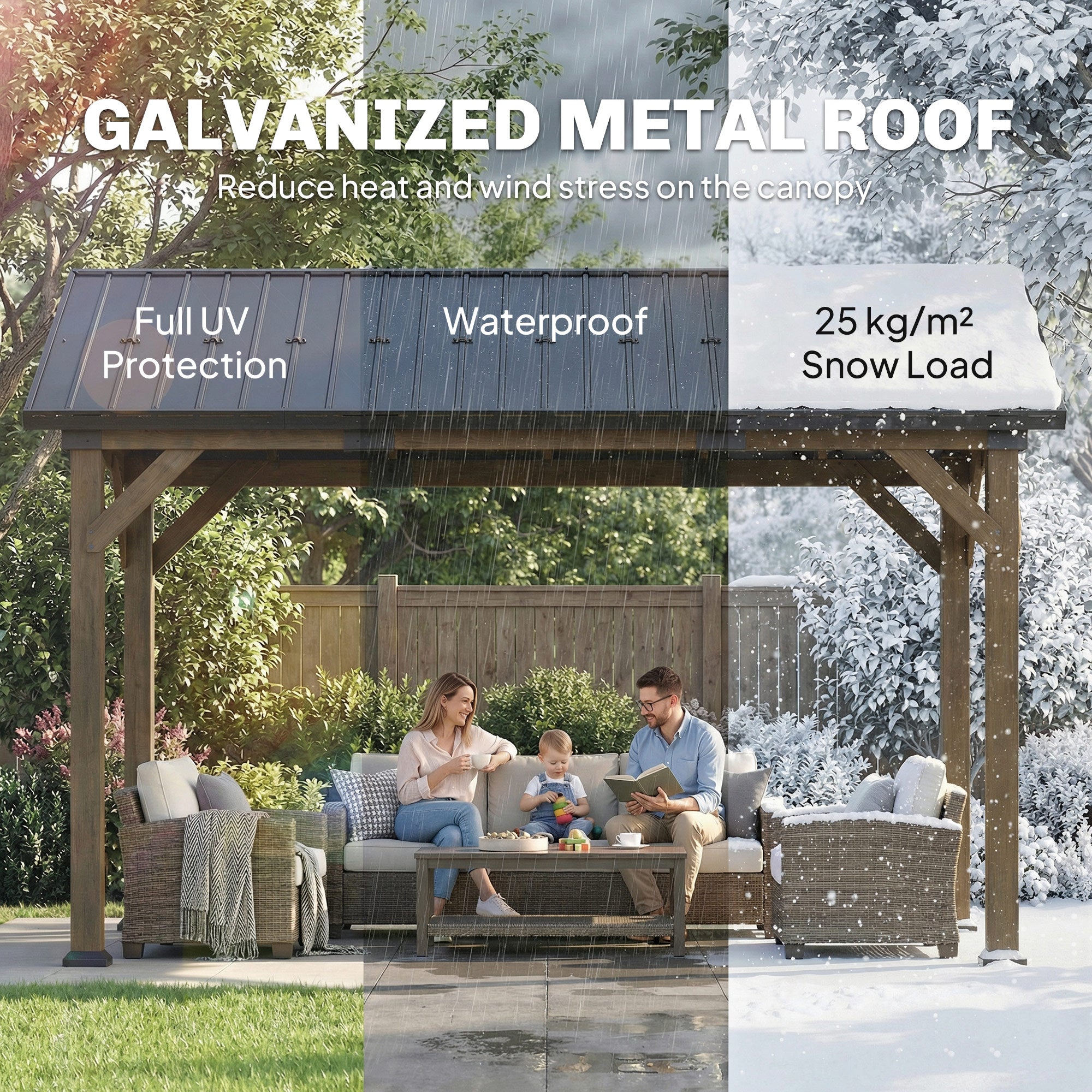 13' x 11' Hardtop Gazebo - Fir Wood Frame Black Grey-DECOROLALA