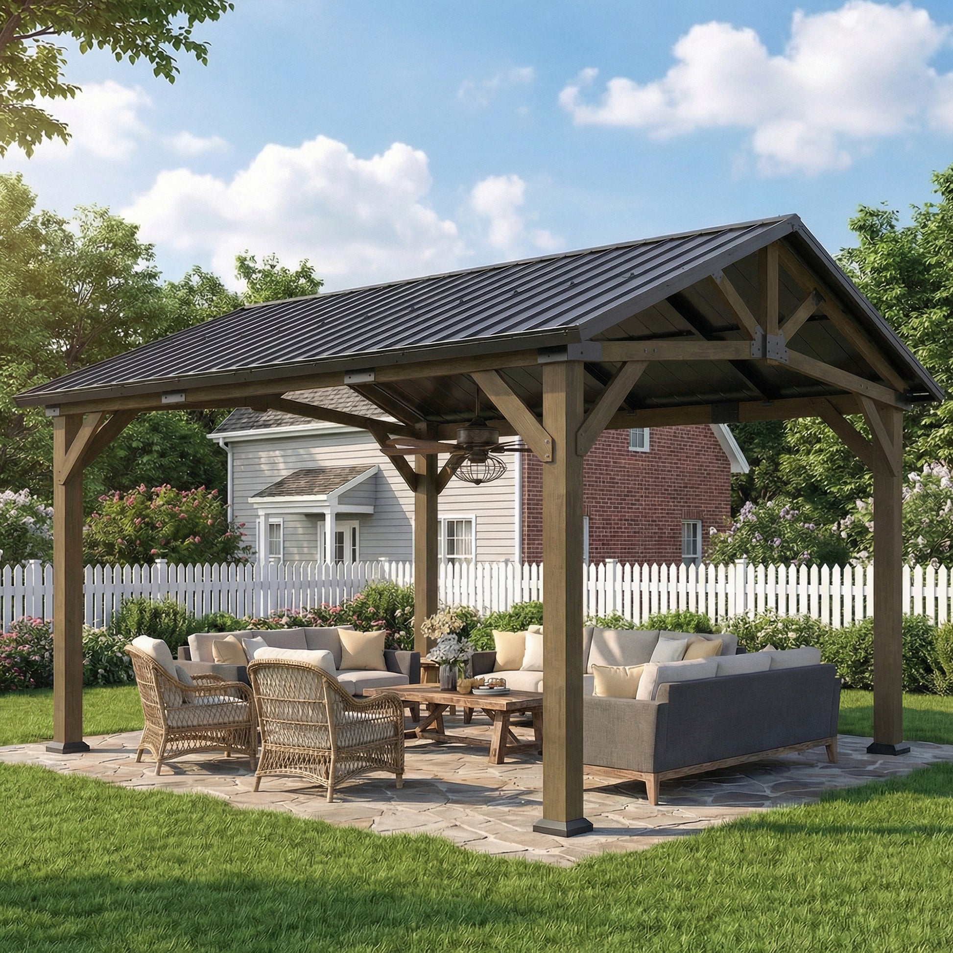 13' x 11' Hardtop Gazebo - Fir Wood Frame Black Grey-DECOROLALA