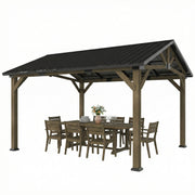 13' x 11' Hardtop Gazebo - Fir Wood Frame Black Grey-DECOROLALA