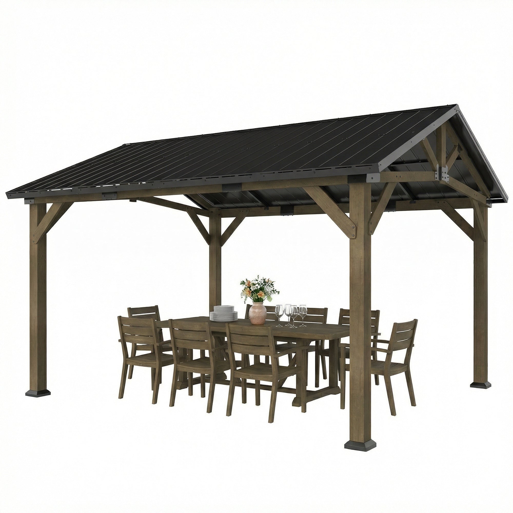 13' x 11' Hardtop Gazebo - Fir Wood Frame Black Grey-DECOROLALA