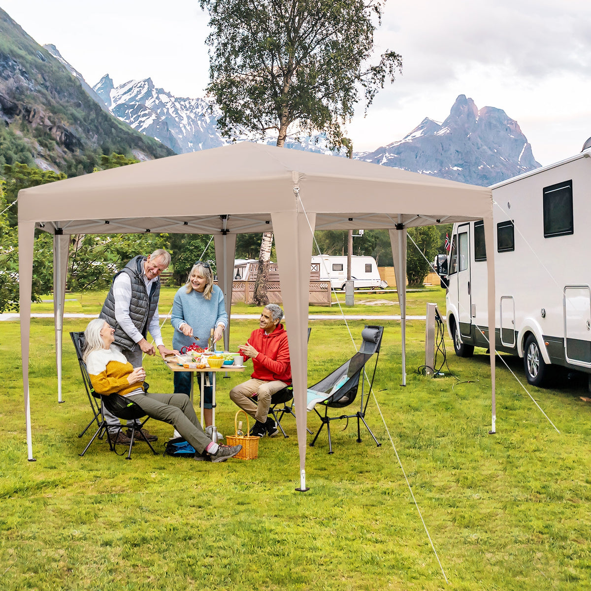 13 x 11.5 FT Hexagonal Pop-Up Height Adjustable Canopy Tent with Dressed Legs-Khaki-Canopies-DECOROLALA