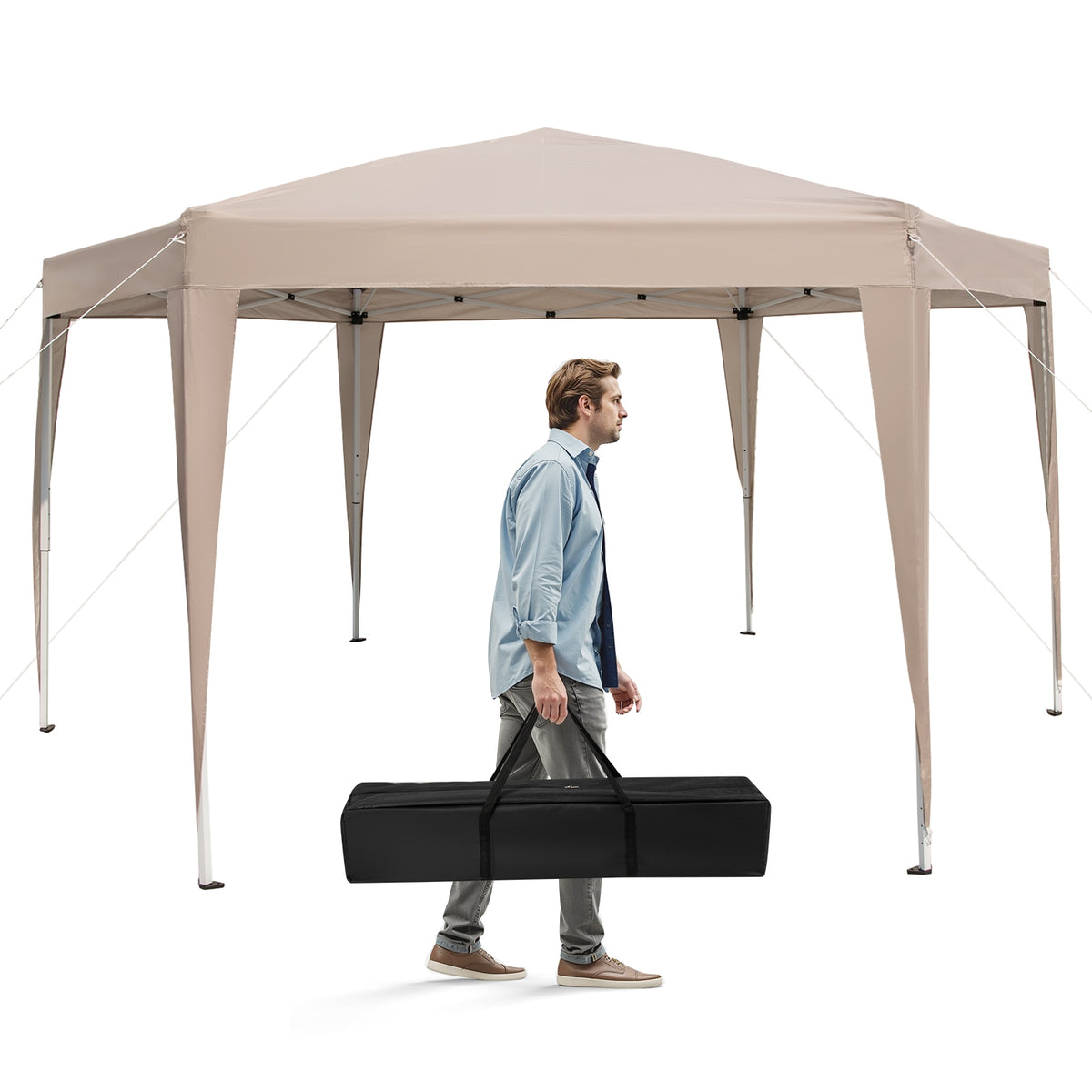 13 x 11.5 FT Hexagonal Pop-Up Height Adjustable Canopy Tent with Dressed Legs-Khaki-Canopies-DECOROLALA