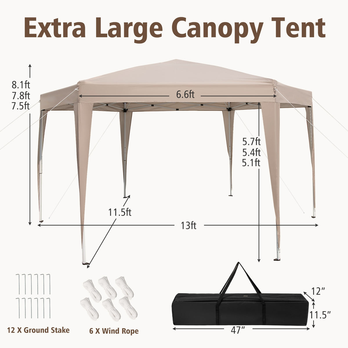 13 x 11.5 FT Hexagonal Pop-Up Height Adjustable Canopy Tent with Dressed Legs-Khaki-Canopies-DECOROLALA
