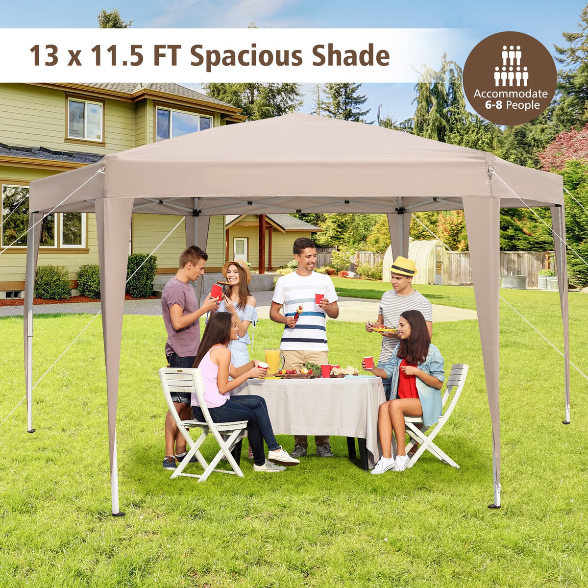 13 x 11.5 FT Hexagonal Pop-Up Height Adjustable Canopy Tent with Dressed Legs-Khaki-Canopies-DECOROLALA
