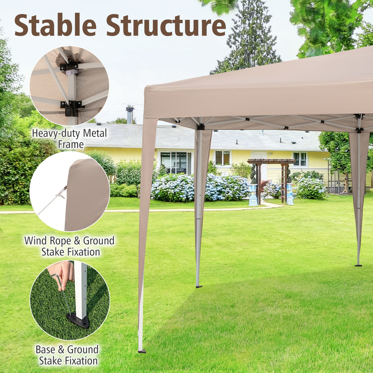 13 x 11.5 FT Hexagonal Pop-Up Height Adjustable Canopy Tent with Dressed Legs-Khaki-Canopies-DECOROLALA