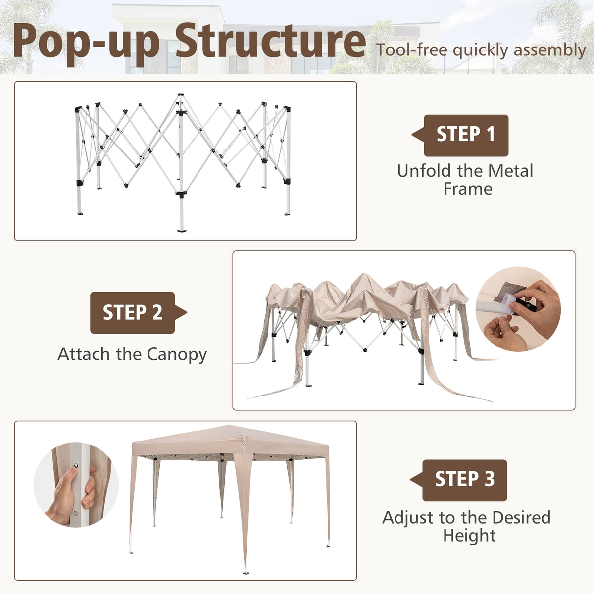 13 x 11.5 FT Hexagonal Pop-Up Height Adjustable Canopy Tent with Dressed Legs-Khaki-Canopies-DECOROLALA