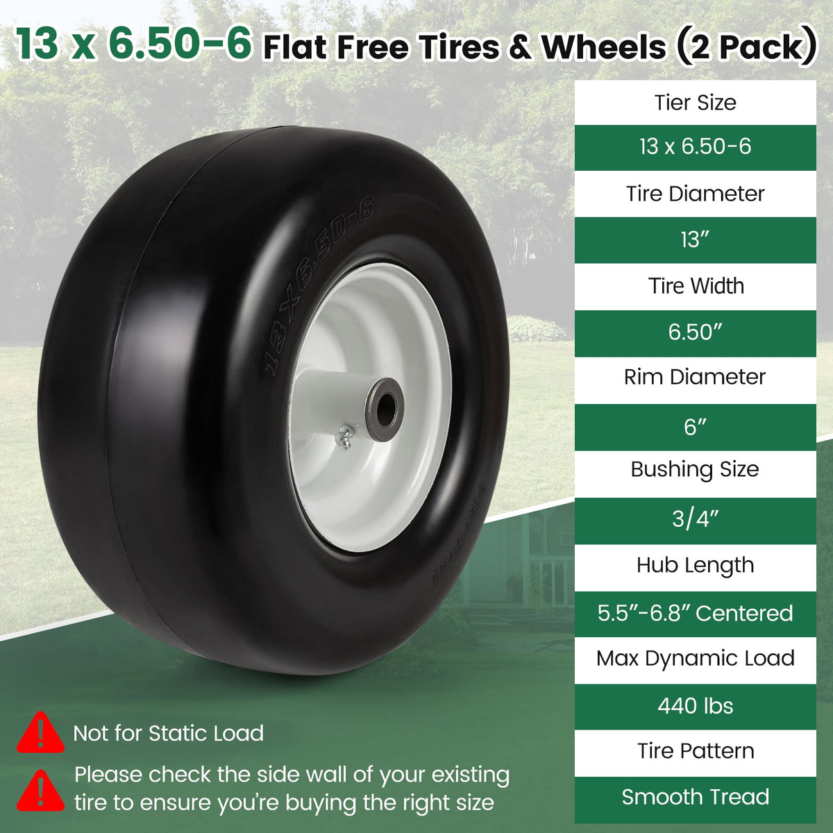 13 x 6.50-6 Flat Free Tires and Wheels 2 Pack Solid Rubber Tires-White-Garden Tools-DECOROLALA