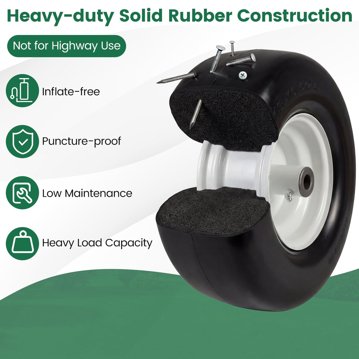 13 x 6.50-6 Flat Free Tires and Wheels 2 Pack Solid Rubber Tires-White-Garden Tools-DECOROLALA