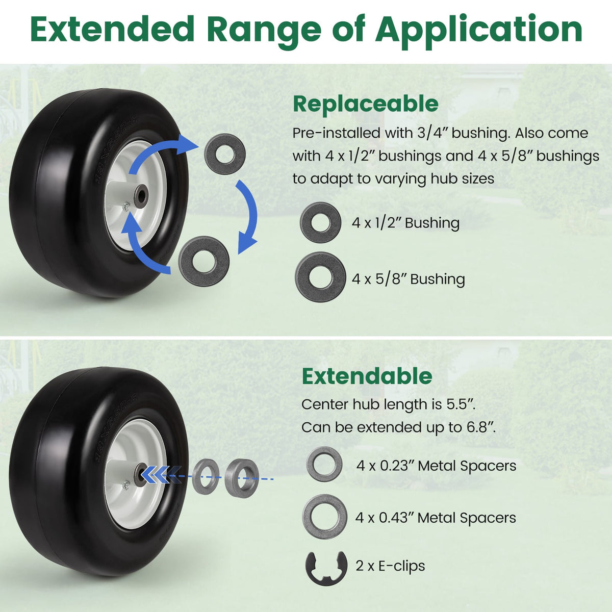13 x 6.50-6 Flat Free Tires and Wheels 2 Pack Solid Rubber Tires-White-Garden Tools-DECOROLALA