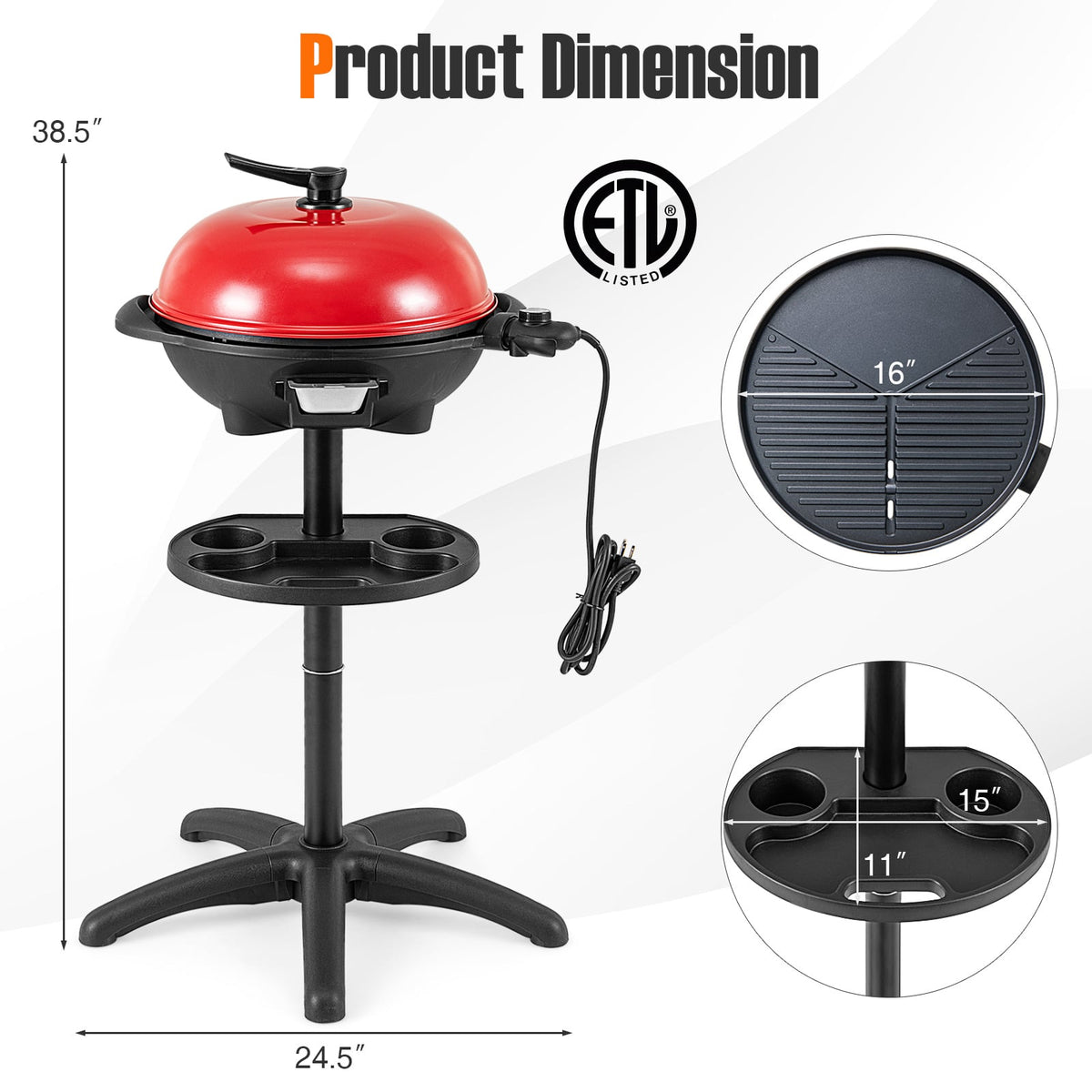 1350 W Outdoor Electric BBQ Grill with Removable Stand Easy to Install-Red-Outdoor Grills-DECOROLALA