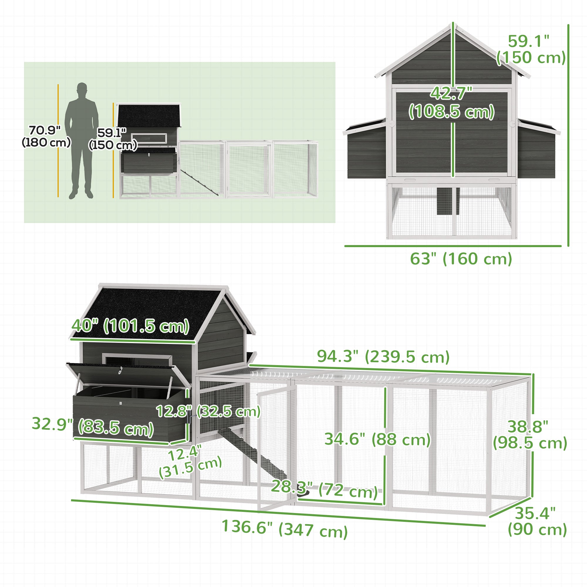 137" Wooden Chicken Coop with Chicken Run, Nesting Box, Dark Grey-Small Animals-DECOROLALA