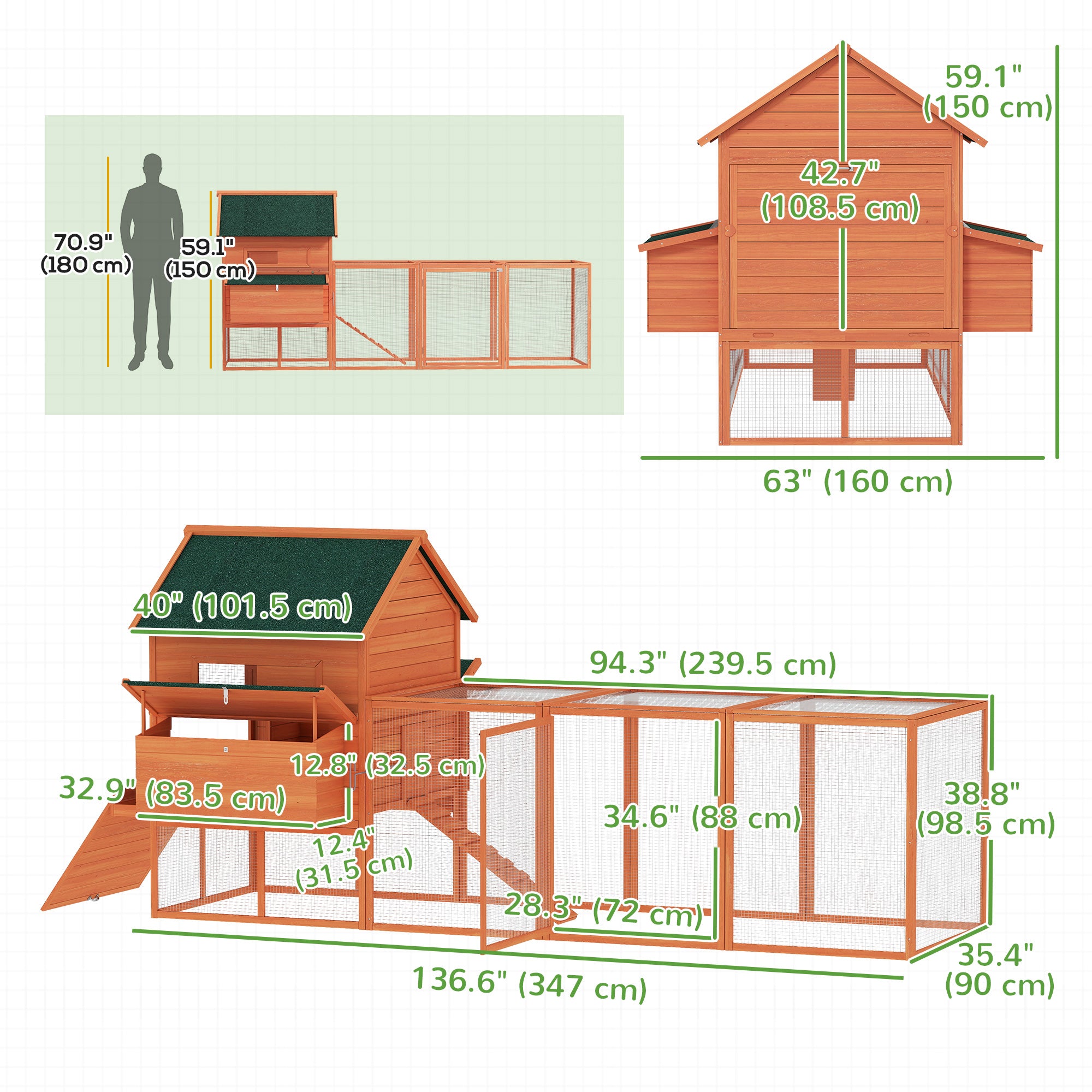 137" Wooden Chicken Coop with Chicken Run, Nesting Box, Orange-Small Animals-DECOROLALA