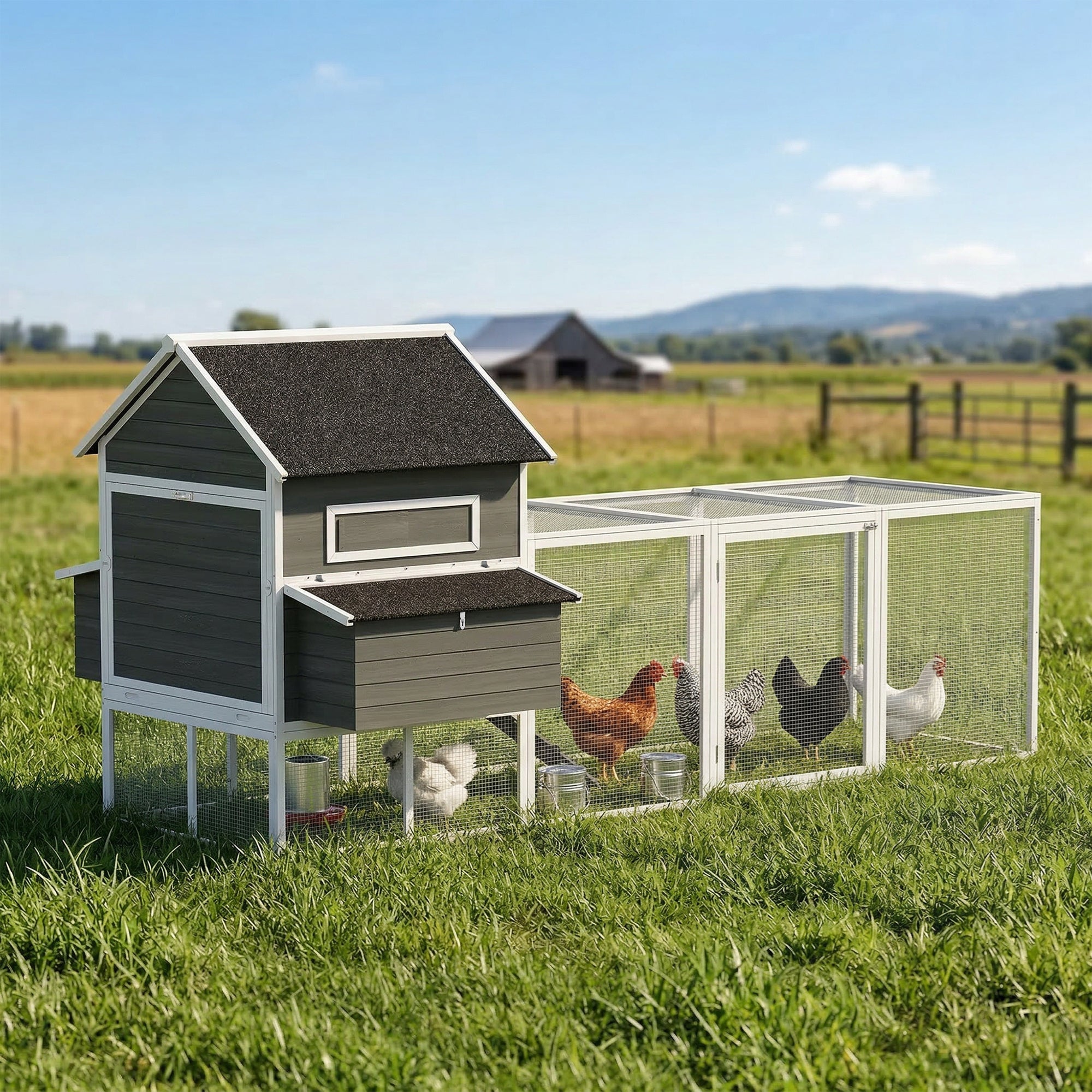 137" Wooden Chicken Coop with Run and Nesting Box - Dark Grey-Small Animals-DECOROLALA