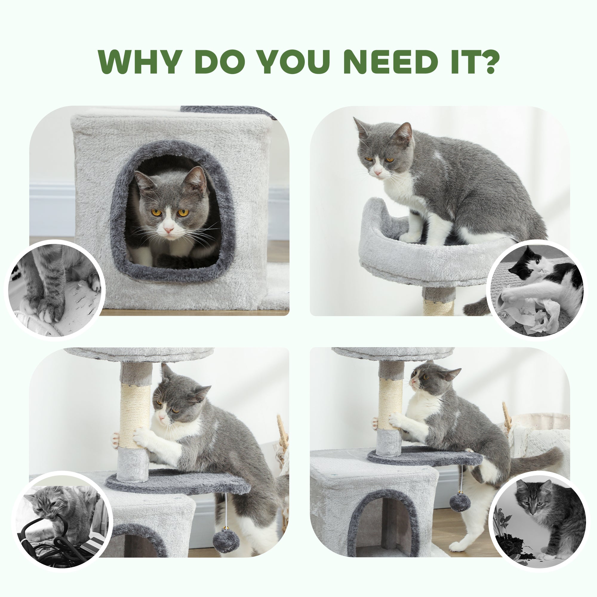28" Cat Tree Tower with Plush Top Bed, Cozy Condo, Sisal Scratching Post, Perch, Dangling Ball, Light Grey