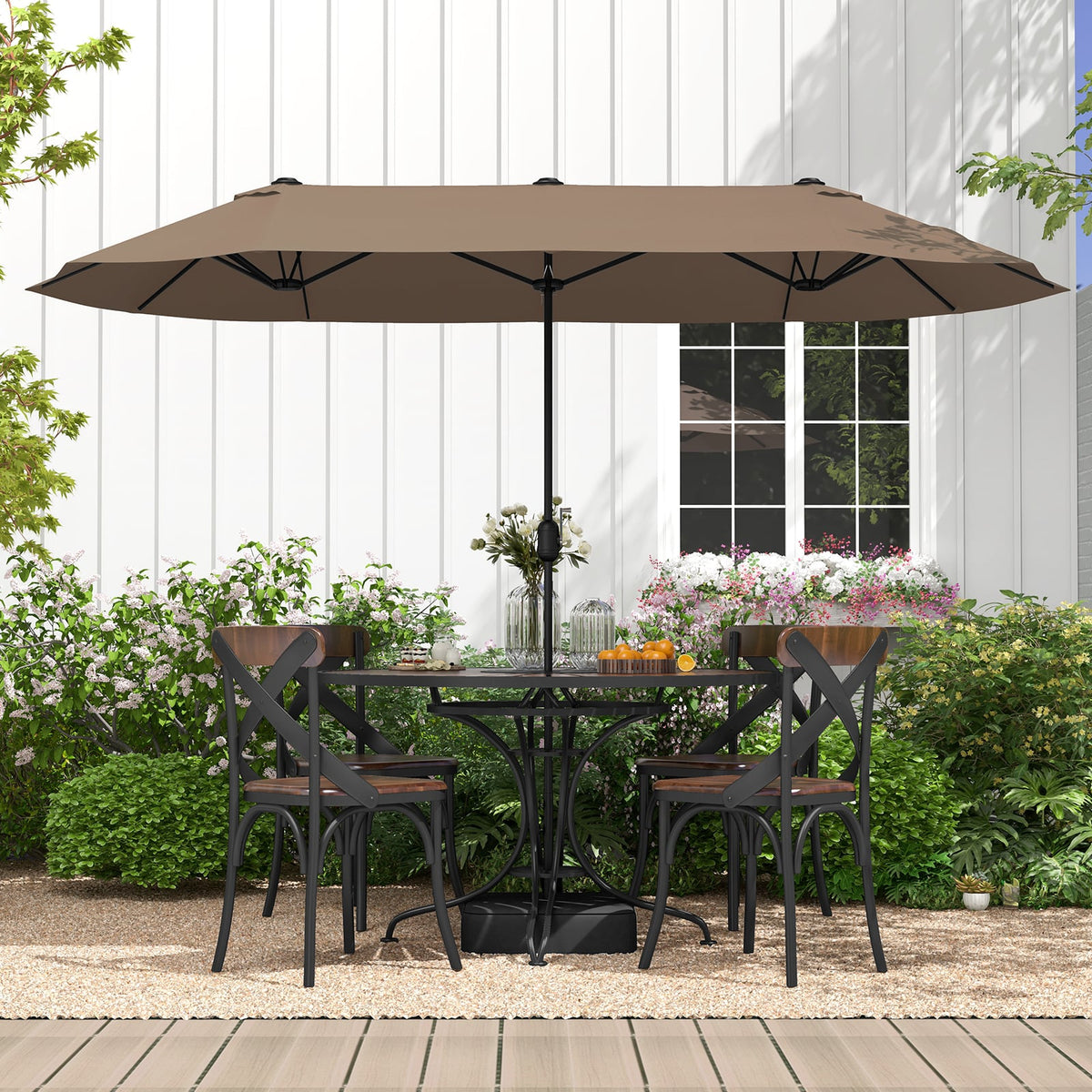 13FT Double-sided Patio Twin Table Umbrella with Crank Handle-Tan-Outdoor Umbrellas-DECOROLALA