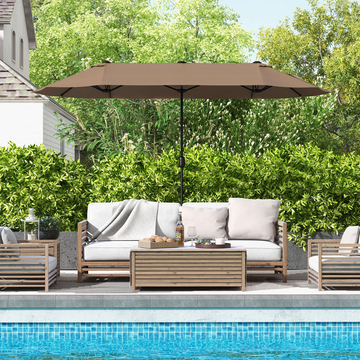 13FT Double-sided Patio Twin Table Umbrella with Crank Handle-Tan-Outdoor Umbrellas-DECOROLALA