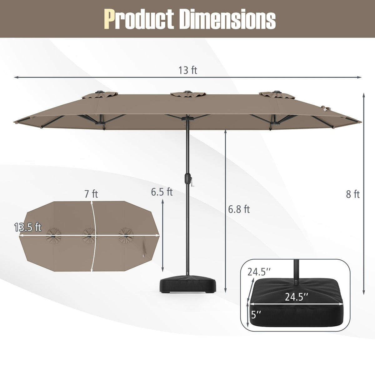 13FT Double-sided Patio Twin Table Umbrella with Crank Handle-Tan-Outdoor Umbrellas-DECOROLALA