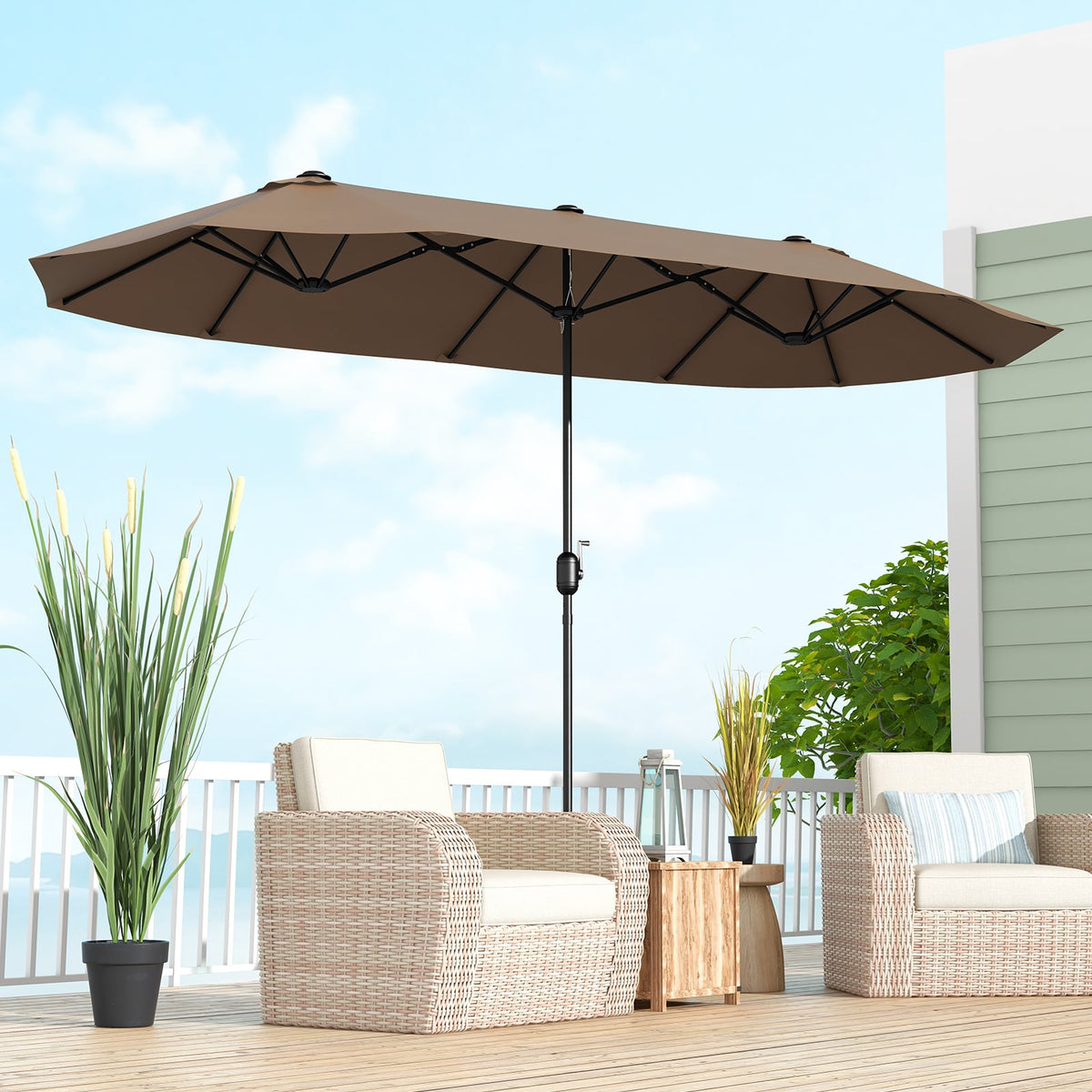 13FT Double-sided Patio Twin Table Umbrella with Crank Handle-Tan-Outdoor Umbrellas-DECOROLALA