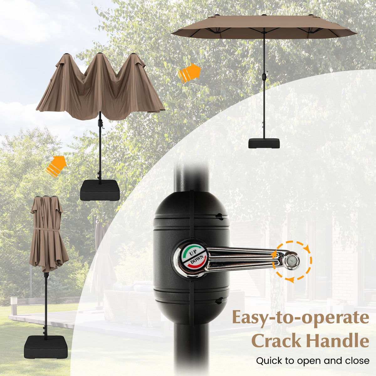13FT Double-sided Patio Twin Table Umbrella with Crank Handle-Tan-Outdoor Umbrellas-DECOROLALA