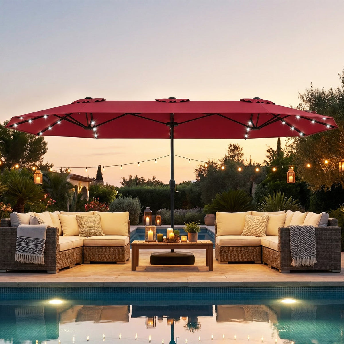 13FT Double-sided Patio Umbrella with Solar Lights for Garden Pool Backyard-Red-Outdoor Umbrellas-DECOROLALA