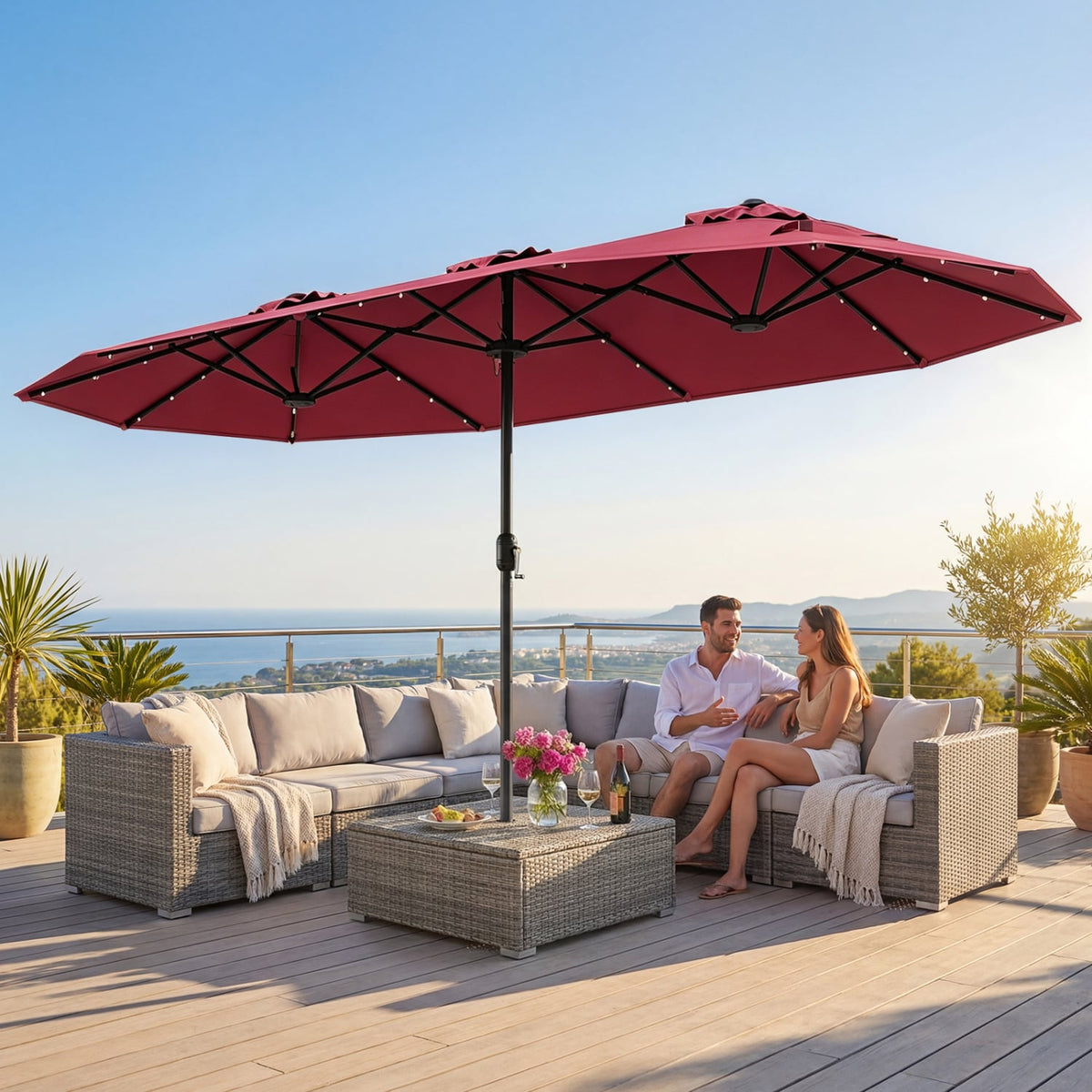 13FT Double-sided Patio Umbrella with Solar Lights for Garden Pool Backyard-Red-Outdoor Umbrellas-DECOROLALA