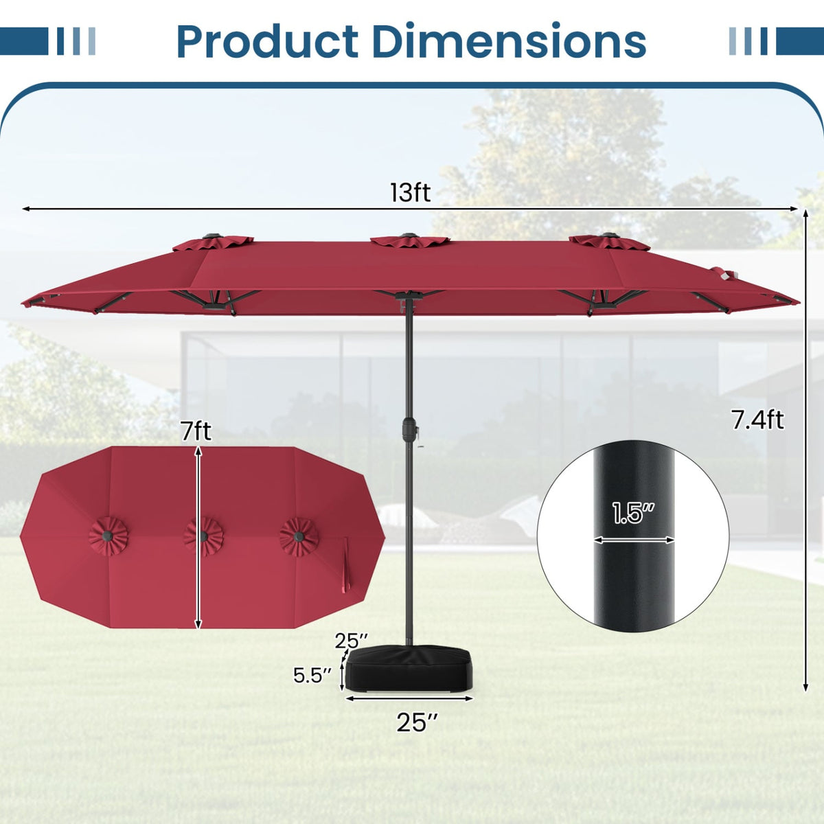 13FT Double-sided Patio Umbrella with Solar Lights for Garden Pool Backyard-Red-Outdoor Umbrellas-DECOROLALA
