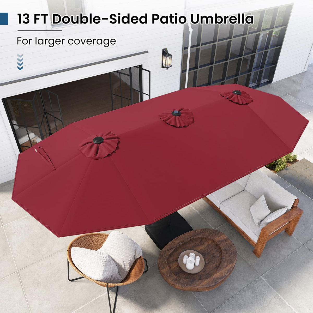 13FT Double-sided Patio Umbrella with Solar Lights for Garden Pool Backyard-Red-Outdoor Umbrellas-DECOROLALA