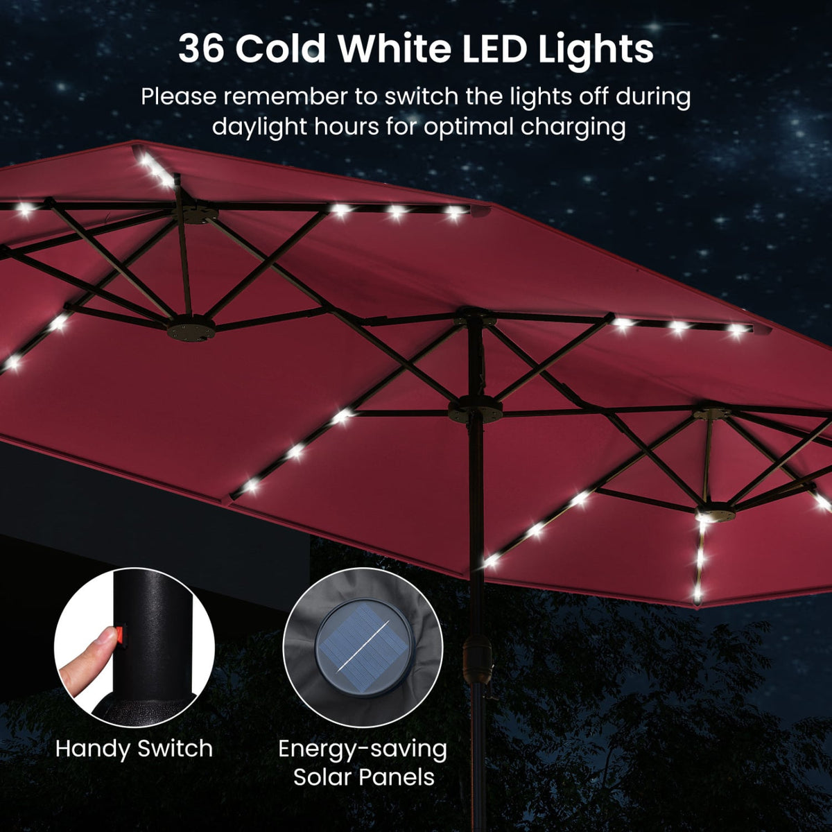 13FT Double-sided Patio Umbrella with Solar Lights for Garden Pool Backyard-Red-Outdoor Umbrellas-DECOROLALA