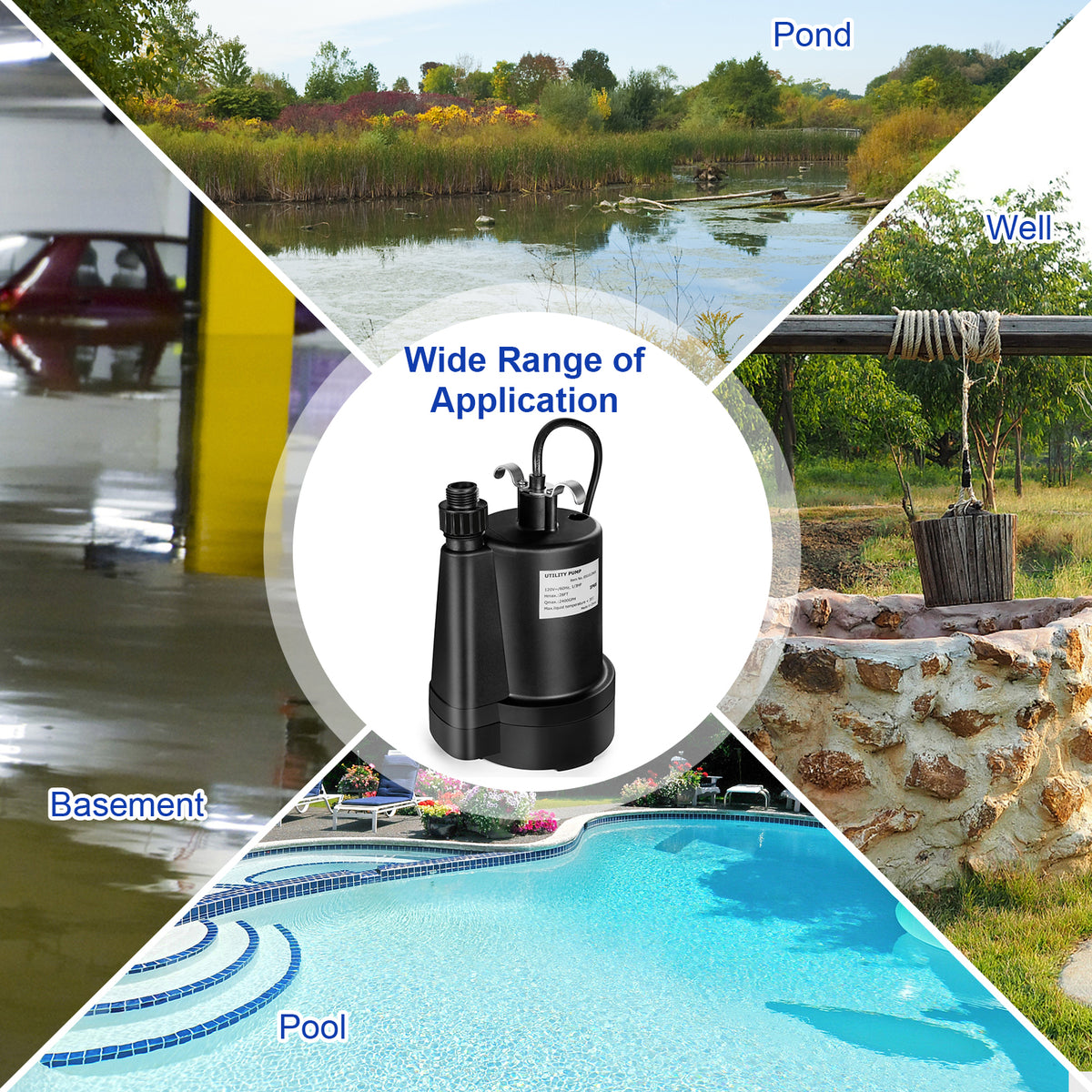 1/3HP 2400GPH Submersible Utility Pump Portable Electric Water Pump with 10 FT Cord-Watering & Irrigation-DECOROLALA