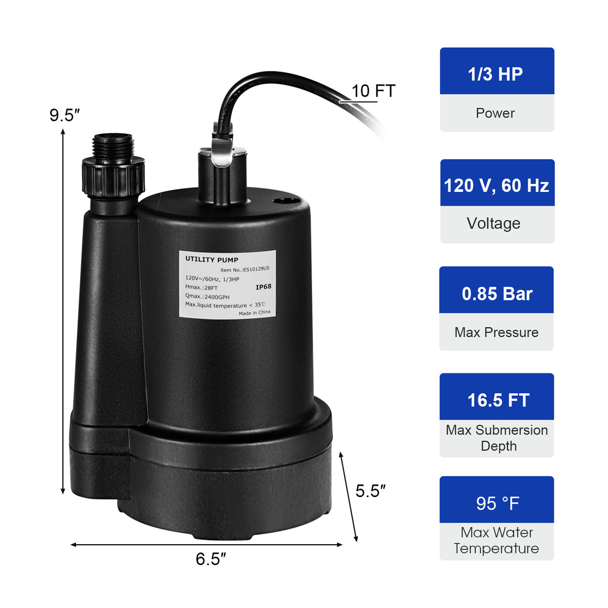 1/3HP 2400GPH Submersible Utility Pump Portable Electric Water Pump with 10 FT Cord-Watering & Irrigation-DECOROLALA