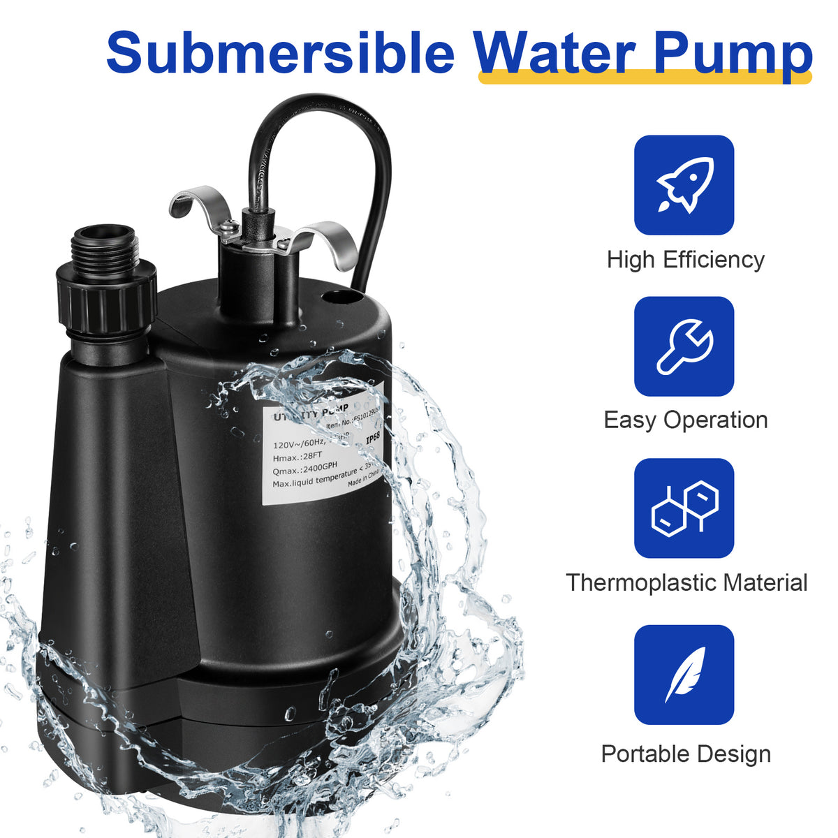 1/3HP 2400GPH Submersible Utility Pump Portable Electric Water Pump with 10 FT Cord-Watering & Irrigation-DECOROLALA