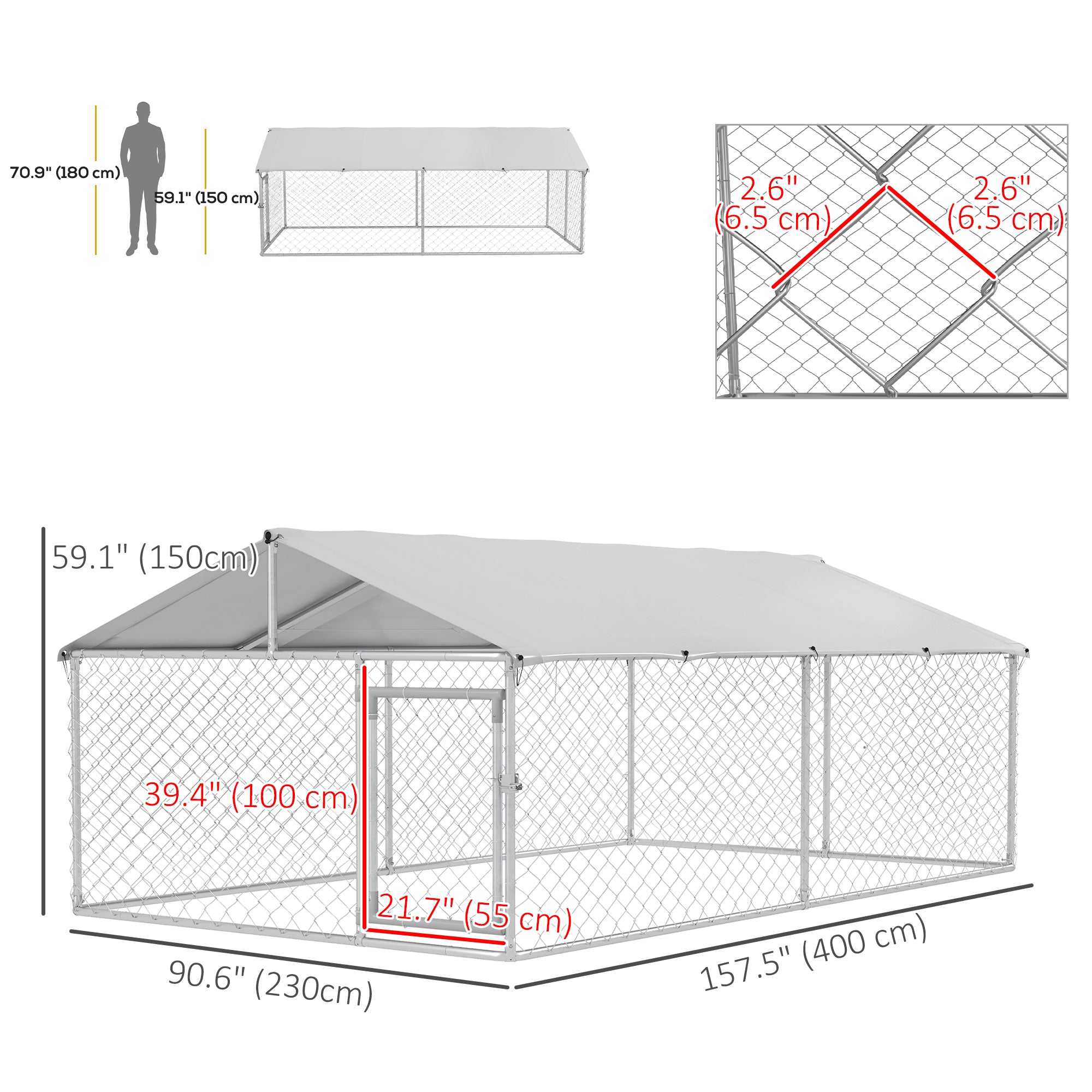 13.1' x 7.5' x 4.9' Outdoor Dog Kennel Dog Run with Waterproof, UV Resistant Cover for Medium Large Sized Dogs, Silver-Dogs-DECOROLALA