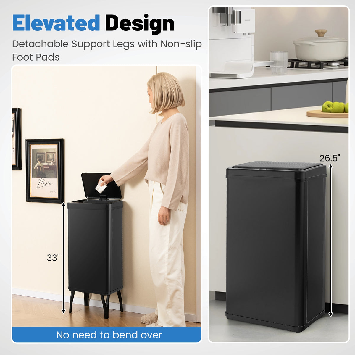 13.2 Gallon Stainless Steel Trash Can with Stay-on Lid and Soft Closure-Black-Kitchen Trash Cans-DECOROLALA
