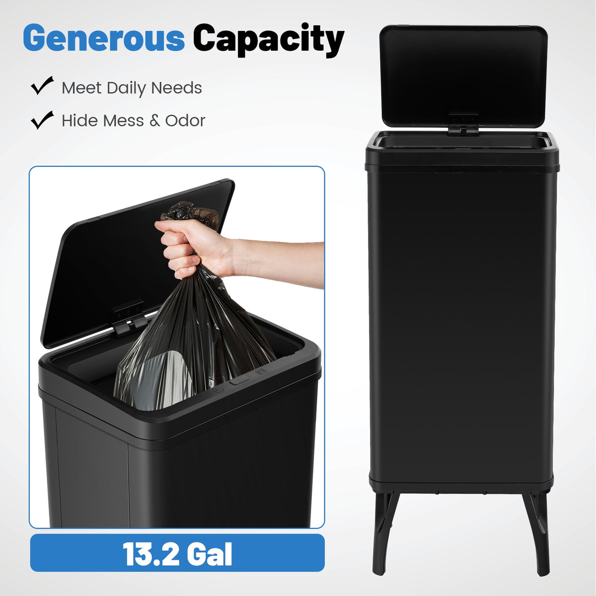 13.2 Gallon Stainless Steel Trash Can with Stay-on Lid and Soft Closure-Black-Kitchen Trash Cans-DECOROLALA