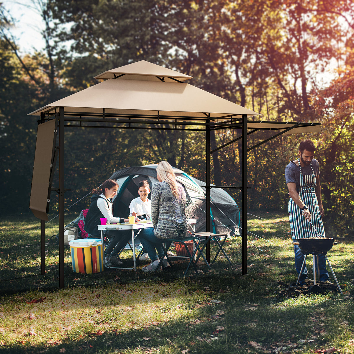 13.5 x 4 Feet Patio BBQ Grill Gazebo Canopy with Dual Side Awnings-Beige-Gazebos-DECOROLALA