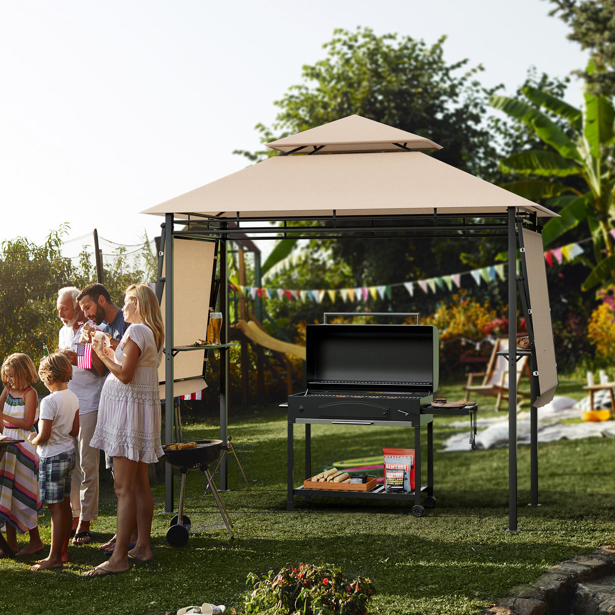 13.5 x 4 Feet Patio BBQ Grill Gazebo Canopy with Dual Side Awnings-Beige-Gazebos-DECOROLALA