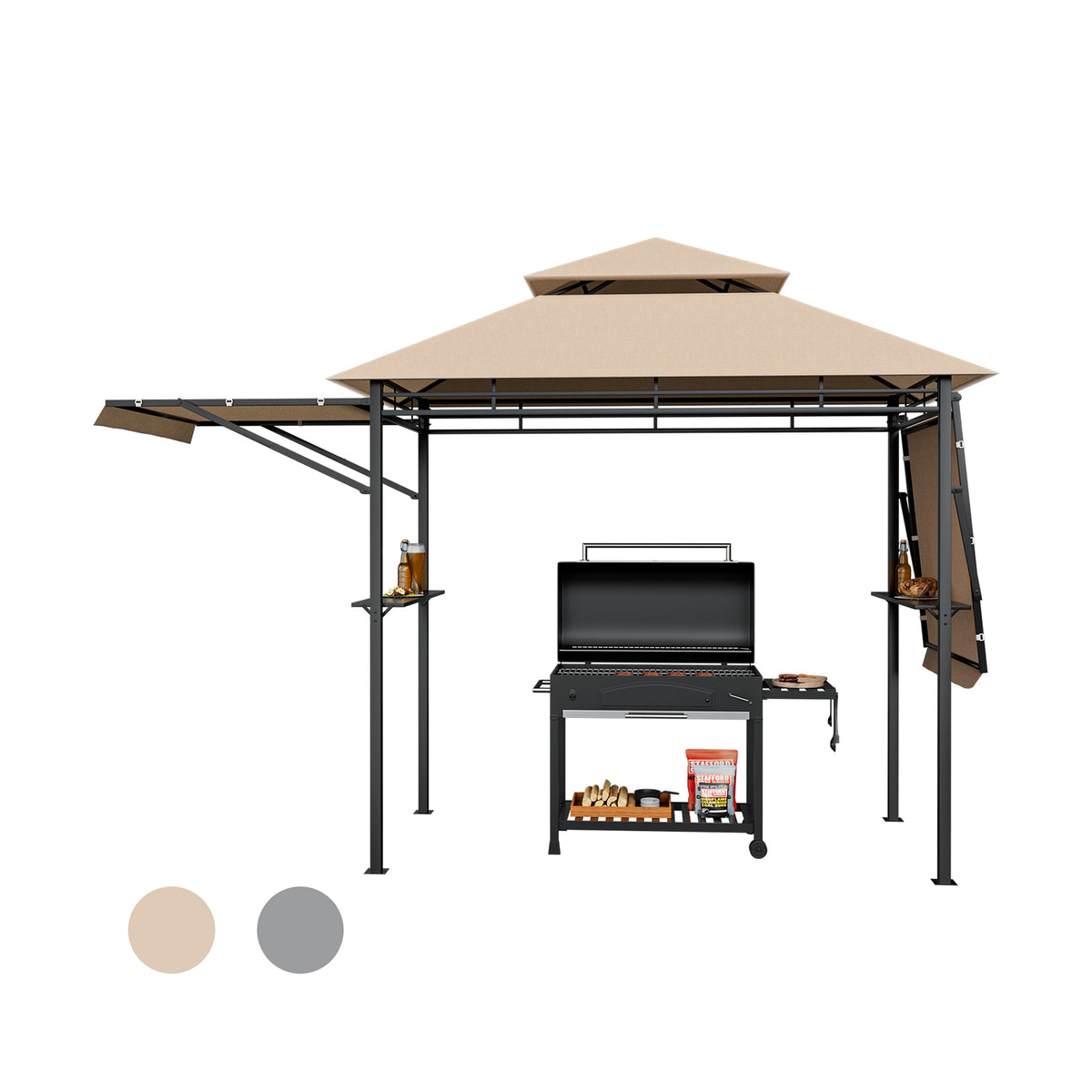 13.5 x 4 Feet Patio BBQ Grill Gazebo Canopy with Dual Side Awnings-Beige-Gazebos-DECOROLALA
