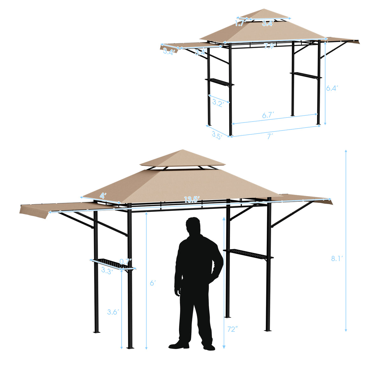 13.5 x 4 Feet Patio BBQ Grill Gazebo Canopy with Dual Side Awnings-Beige-Gazebos-DECOROLALA