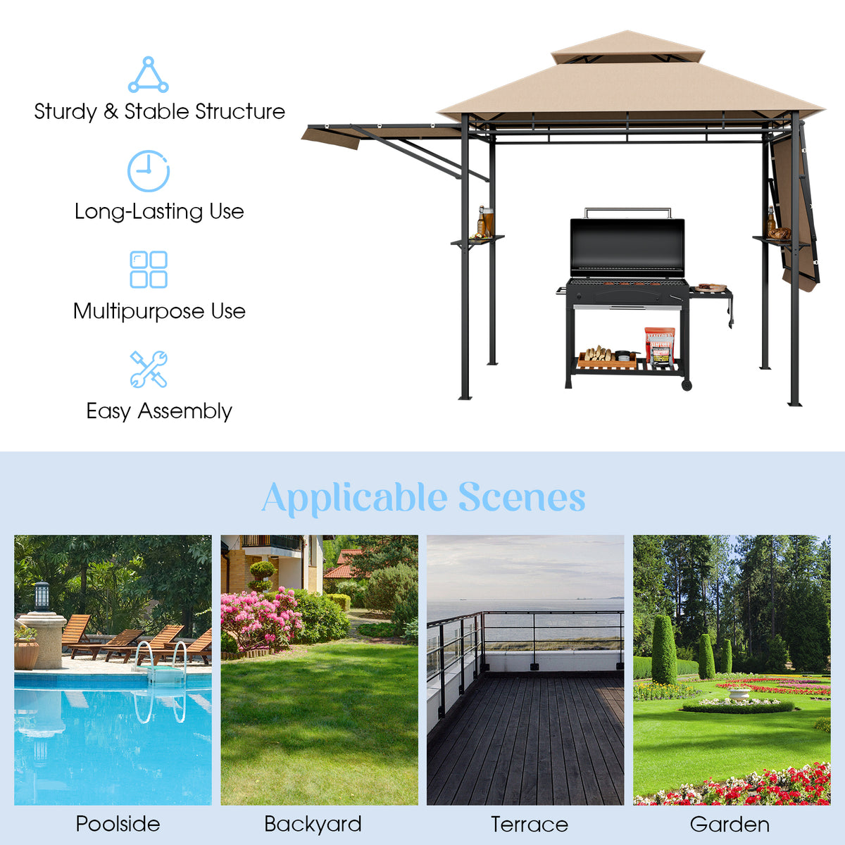 13.5 x 4 Feet Patio BBQ Grill Gazebo Canopy with Dual Side Awnings-Beige-Gazebos-DECOROLALA