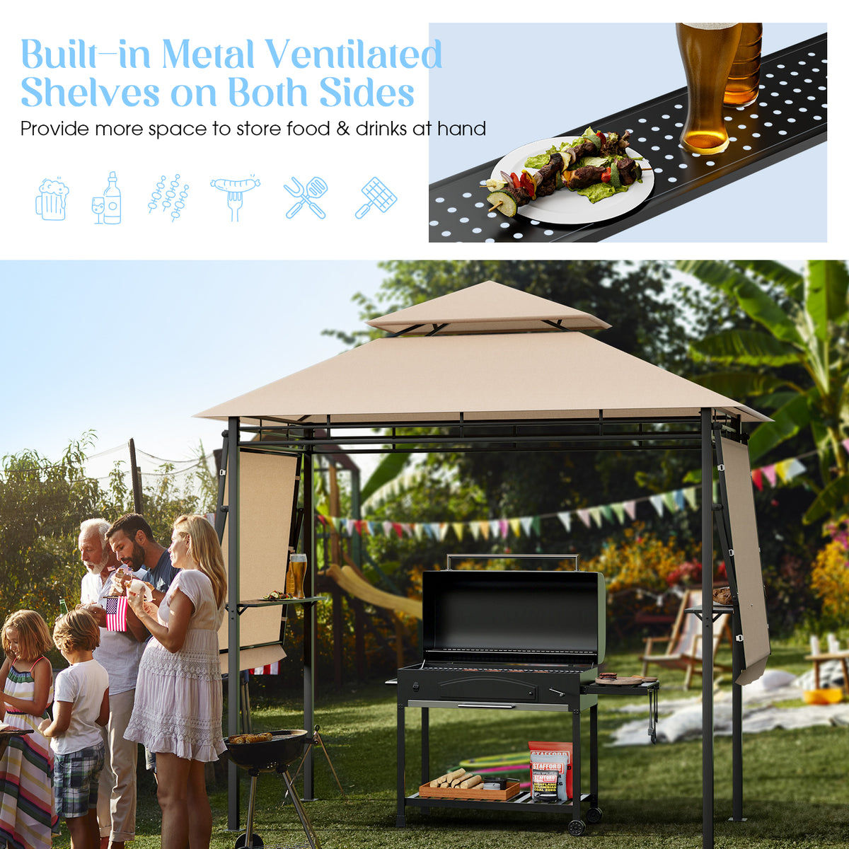 13.5 x 4 Feet Patio BBQ Grill Gazebo Canopy with Dual Side Awnings-Beige-Gazebos-DECOROLALA